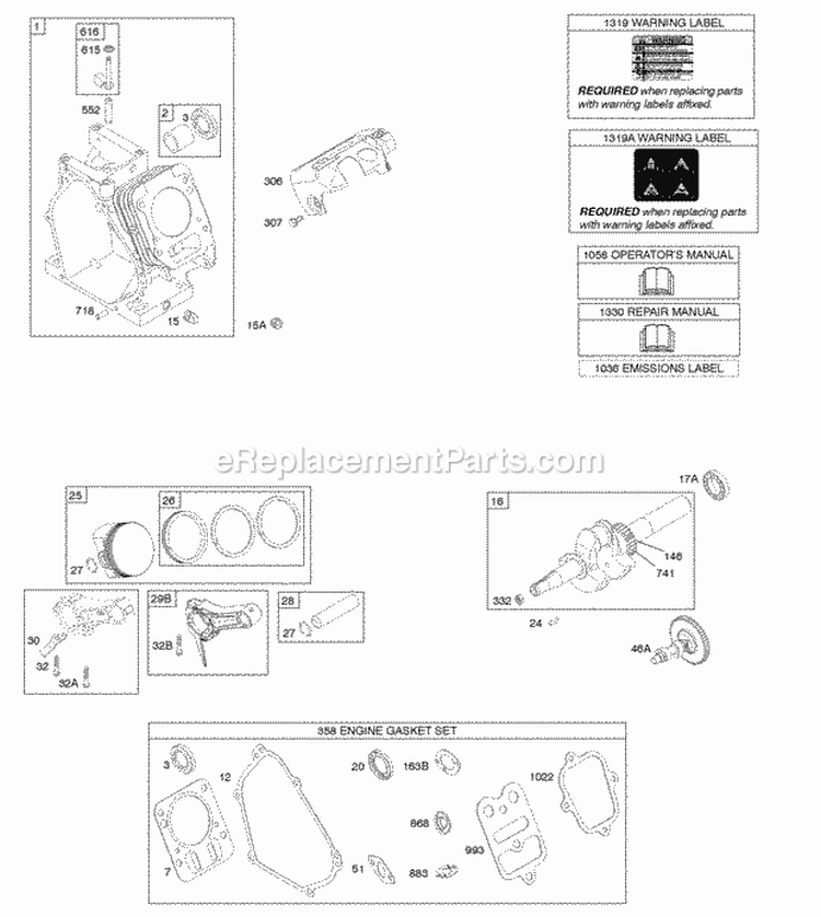 Camshaft Crankshaft Cylinder KitEngine Gasket Piston Group Diagram and Parts List for 12K332-0110-01  Briggs and Stratton Engine